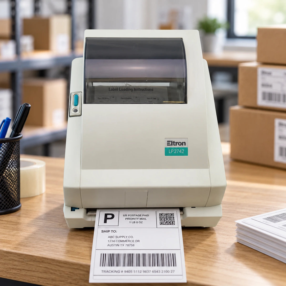 Zebra TLP-2742 thermal label printer in use