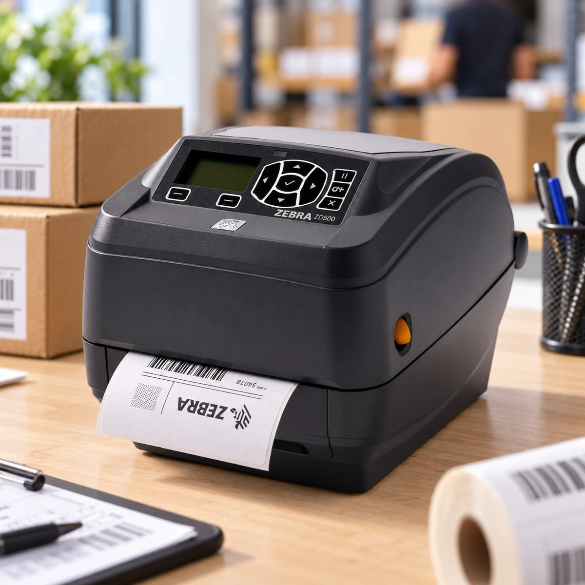 Zebra ZD500 thermal transfer label printer in use