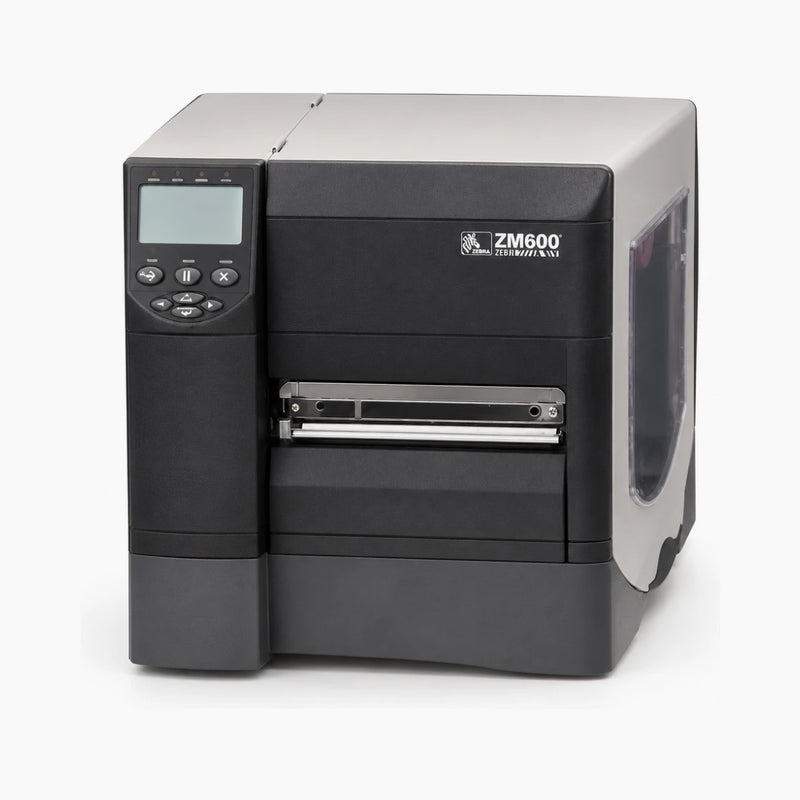 Zebra ZM600 industrial label printer, front view
