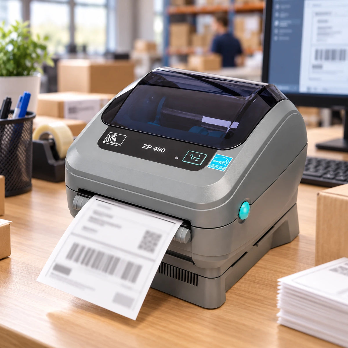 Zebra ZP450 thermal label printer in use
