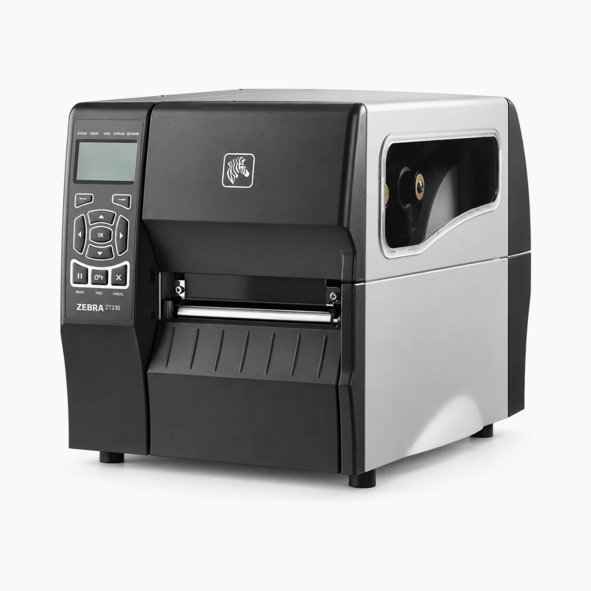Zebra ZT230 industrial label printer, angled view