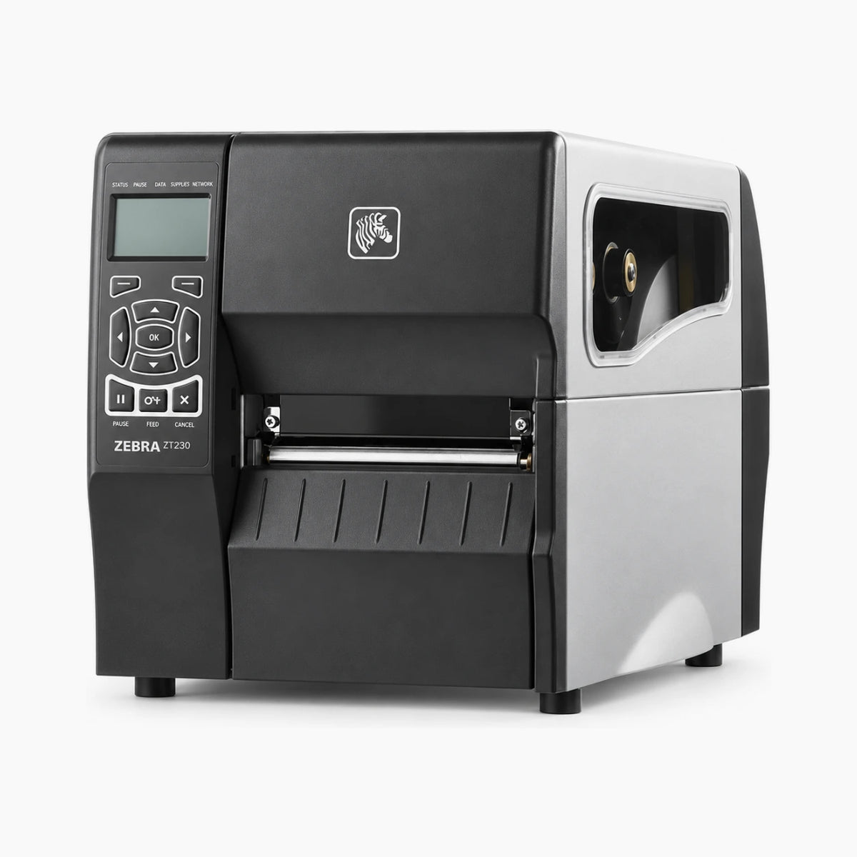 Zebra ZT230 industrial label printer, front view