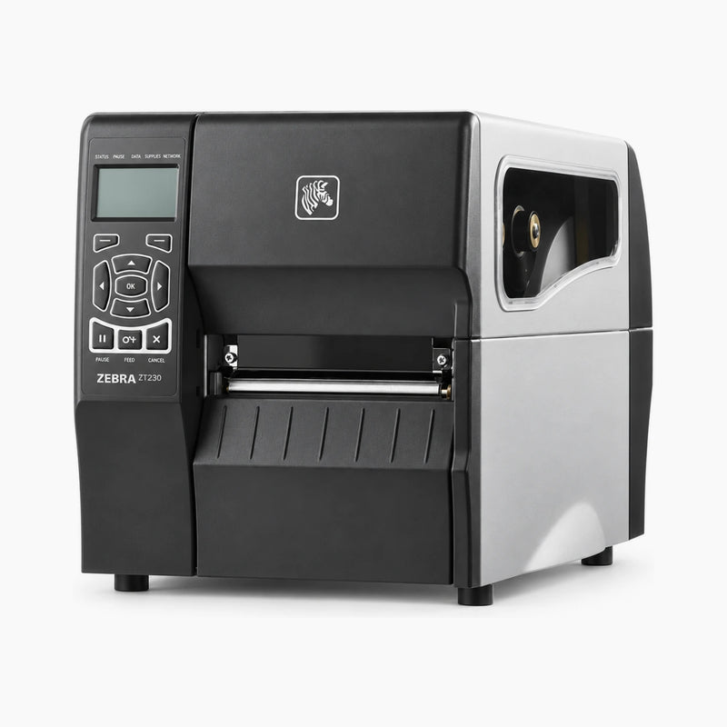 Zebra ZT230 industrial label printer, front view