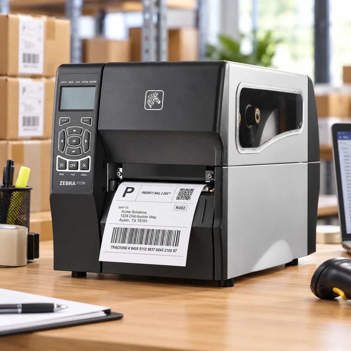 Zebra ZT230 industrial label printer in use