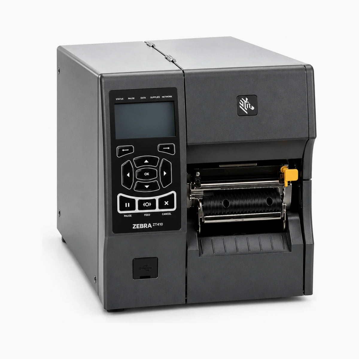 Zebra ZT410 industrial label printer, angled view