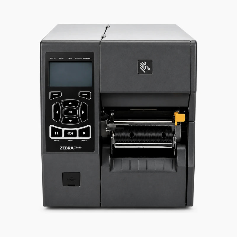 Zebra ZT410 industrial label printer, front view