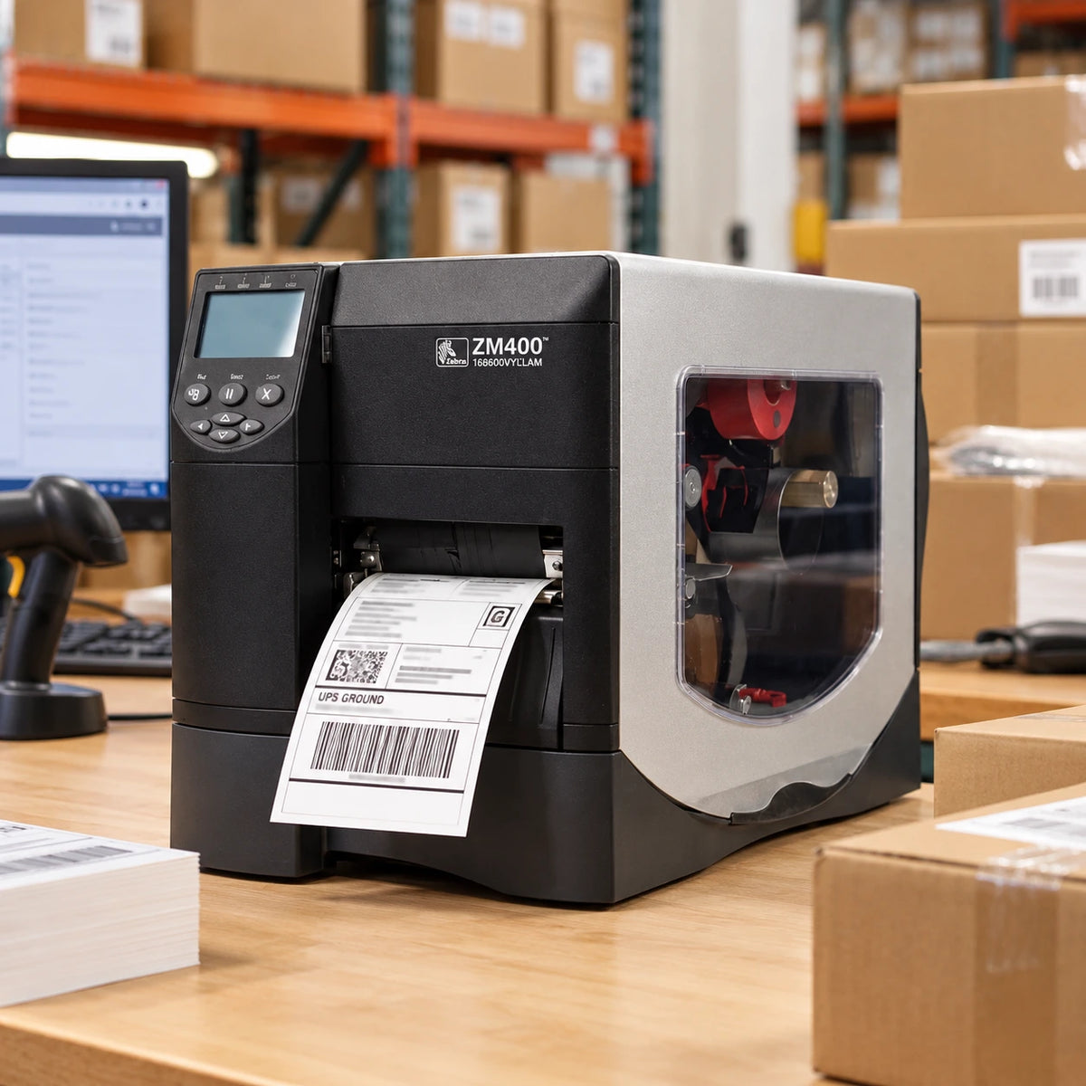 Zebra ZM400 industrial label printer in use