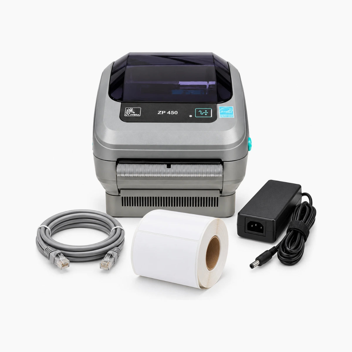 NETWORK PRO Zebra ZP450 kit: printer, Ethernet cable, power adapter and label roll
