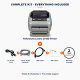 NETWORK PRO Zebra ZP450 complete kit: printer + AC power cord + CAT5/RJ45 Ethernet + USB cable + 4x6 labels + 2-year warranty