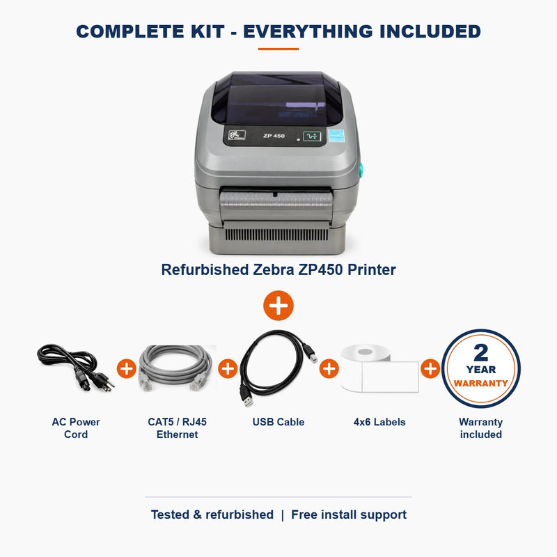 NETWORK PRO Zebra ZP450 complete kit: printer + AC power cord + CAT5/RJ45 Ethernet + USB cable + 4x6 labels + 2-year warranty