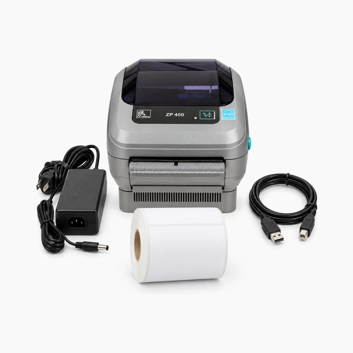 PRO Zebra ZP450 kit: printer, power adapter, USB cable and label roll