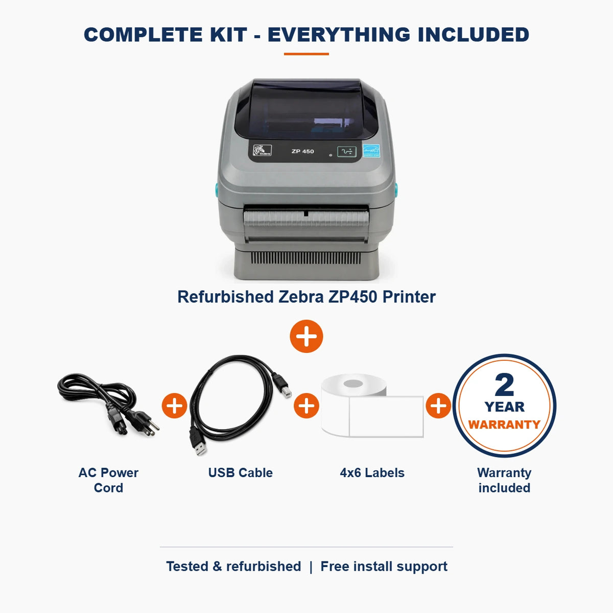 PRO Zebra ZP450 complete kit: printer + AC power cord + USB cable + 4x6 labels + 2-year warranty