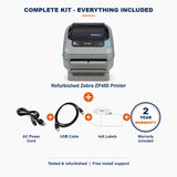 PRO Zebra ZP450 complete kit: printer + AC power cord + USB cable + 4x6 labels + 2-year warranty