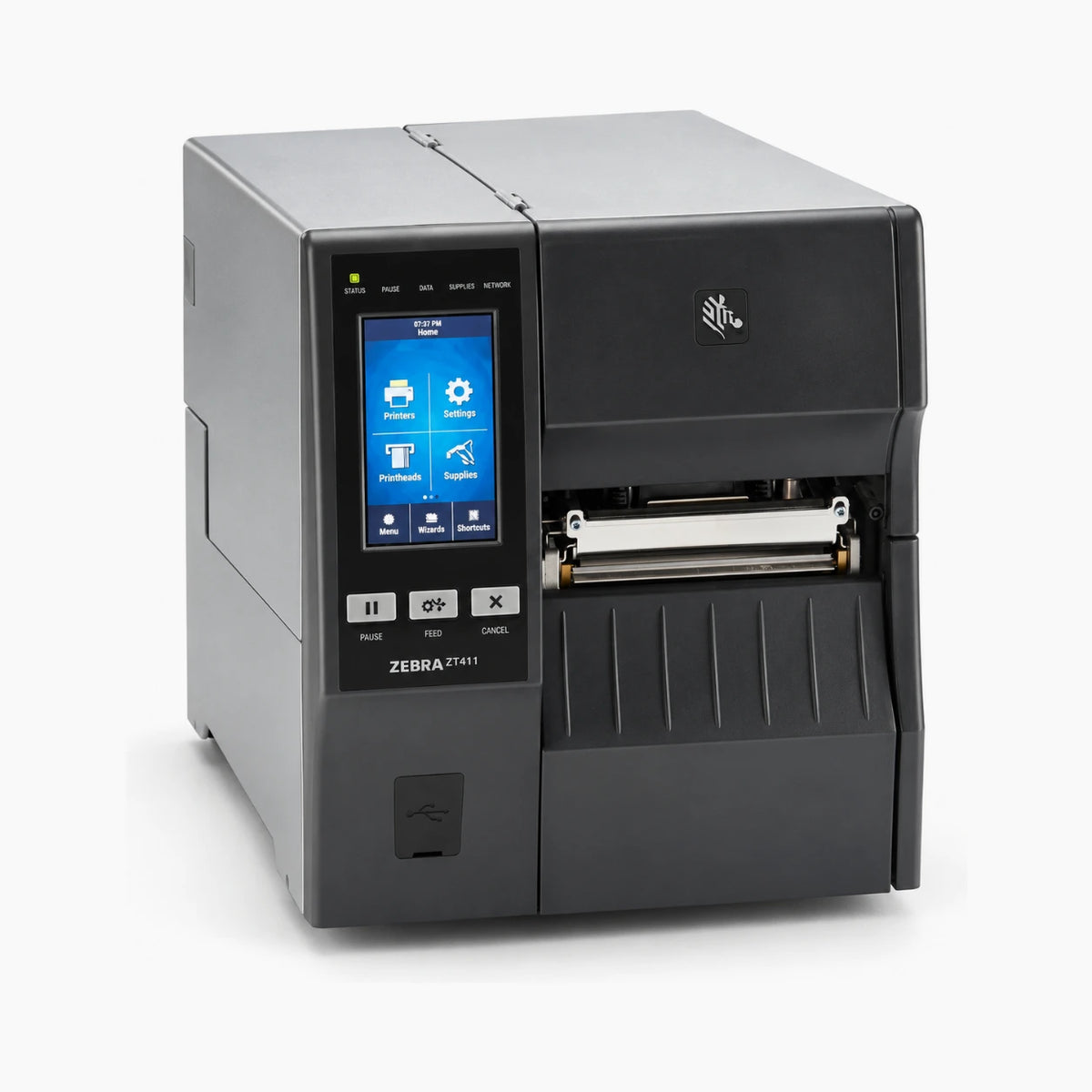 Zebra ZT411 industrial label printer angled view