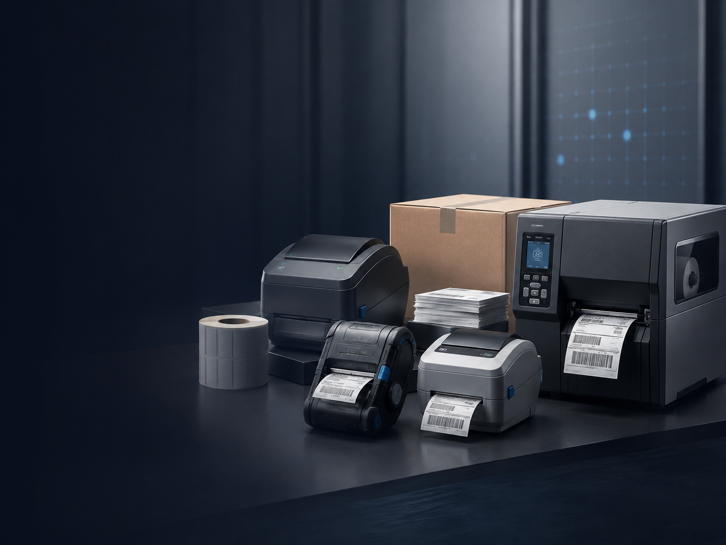 Assortment of name-brand thermal printers and labels from brands Thermal Printer Outlet carries